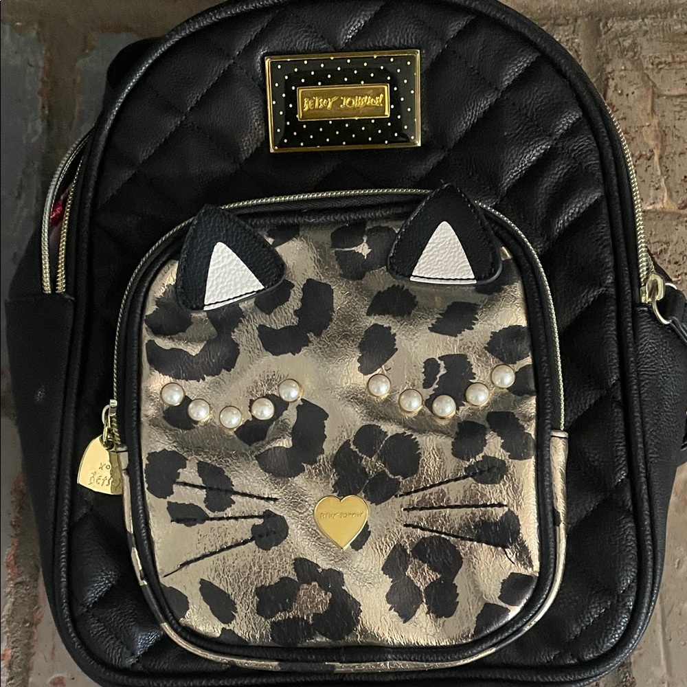 Betsey Johnson Quilted Black and Gold Cat Backpack